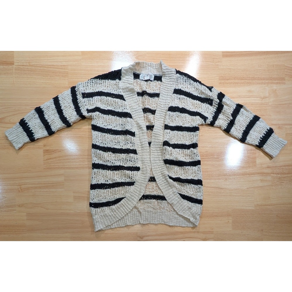 Pink Rose Womens Large Cream Black Striped Open Knit Crochet Cardigan PF411852GS